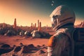 Astronaut on Mars returning to space research base futuristic 3D background