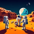 Astronaut and Mars rover exploring Mars planet, cartoon vector illustration. generative AI Royalty Free Stock Photo