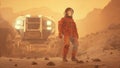 An astronaut meets the dawn on an alien desert planet. The man was created using 3D computer graphics. 3D rendering