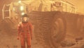 An astronaut meets the dawn on an alien desert planet. The man was created using 3D computer graphics. 3D rendering