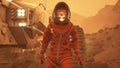 An astronaut meets the dawn on an alien desert planet. The man was created using 3D computer graphics. 3D rendering