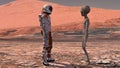 Astronaut meets a Martian on Mars. First contact. Alien on Mars. Exploring mission to mars. Colonization and space exploration