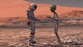 Astronaut meets a Martian on Mars. First contact. Alien on Mars. Exploring mission to mars. Colonization and space exploration