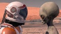 Astronaut meets a Martian on Mars. First contact. Alien on Mars. Exploring mission to mars. Colonization and space exploration