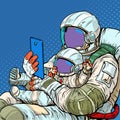 astronaut mom or dad with a baby, a father and a child. space future and colonization, love and care