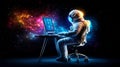 Astronaut monitors space security system while seated in a futuristic environment
