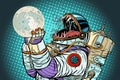 Astronaut monster eats Moon. Greed and hunger of mankind concept