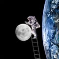 Astronaut on moon in outer space on ladder Royalty Free Stock Photo