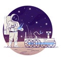 Astronaut with moon rover flat concept icon. Cosmonaut in outer space sticker, clipart. Space exploration vehicle and