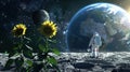 Astronaut on moon with sunflowers overlooking earth and distant moon in outer space Royalty Free Stock Photo