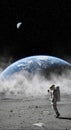Astronaut on moon surface views earth and moon in dark space. Royalty Free Stock Photo