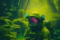 Astronaut in a mysterious green forest. The spacesuit is overgrown with moss
