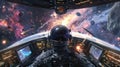 An astronaut navigates a spacecraft through a dense asteroid field with a colorful nebula in the background, AI Generated
