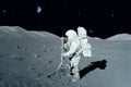 Astronaut near the moon rover on the moon. With land on the horizon. Elements of this image were furnished by NASA