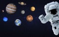 Astronaut near Planets of solar system together in space