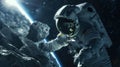 an astronaut observing an asteroid from space, capturing the sense