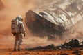 Astronaut observing crashed spaceship on mars during dust storm Royalty Free Stock Photo