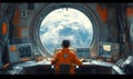 An astronaut operates a console inside a spaceship, analyzing data on a large screen and looking at the space beyond.