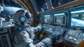 Astronaut operates controls in the space station.