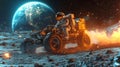 Astronaut operates lunar rover exploring the surface of the moon with Earth in backdrop
