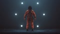 Astronaut in an Orange Advanced Crew Escape Space Suit with Black Visor Standing in a Alien Void