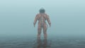 Astronaut in an Orange Advanced Crew Escape Suit with Black Visor Standing in Water in a Foggy Overcast