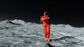 Astronaut in orange exo suit exploring and dancing around