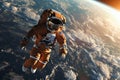 Astronaut in orange space suit performing spacewalk in open space. Planet Earth in the background. Royalty Free Stock Photo