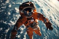 Astronaut in orange space suit performing spacewalk in open space. Planet Earth in the background. Royalty Free Stock Photo