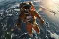 Astronaut in orange space suit performing spacewalk in open space. Planet Earth in the background. Royalty Free Stock Photo