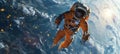 Astronaut in orange space suit performing spacewalk in open space. Planet Earth in the background. Royalty Free Stock Photo