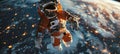 Astronaut in orange space suit performing spacewalk in open space. Planet Earth in the background. Royalty Free Stock Photo