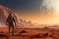 An astronaut in an orange space suit stands on a red planet, An astronaut exploring the surface of Mars, AI Generated Royalty Free Stock Photo