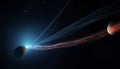 Astronaut orbits illuminated spaceship in deep galaxy, exploring natural phenomenon generated by AI