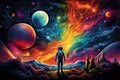 Astronaut in outer space, Cosmic landscape with planets and stars, a dreamy journey of an astronaut
