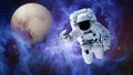 Astronaut in outer space near the Sword of Orion and mystical planet Royalty Free Stock Photo