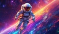 Astronaut in outer space. Science fiction. Spaceman in spacesuit floating against starry sky.