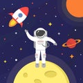 Astronaut in outer space. Spaceman on black background. Space suit, moon, spaceship, sun, planet, stars concept Royalty Free Stock Photo