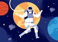 Astronaut in outer space. Spacewalk, astronauts fantastic journey. Cosmonaut in space suit, colorful discovery in utter Royalty Free Stock Photo