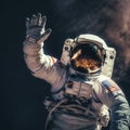 Astronaut in outer space waving his hand to the camera. Royalty Free Stock Photo