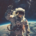 Astronaut in outer space waving his hand to the camera. Royalty Free Stock Photo