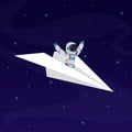 Astronaut on paper airplane. Cosmonaut, space traveler flies through starry galaxy. Universe explorer, spaceman vector