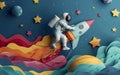 Astronaut on a paper rocket soaring through a colorful galaxy, stars and planets in the background Royalty Free Stock Photo