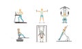 Astronaut Physical Training Set, Male Astronaut Doing Physical Workout, Running on Treadmill, Testing Flat Style Vector