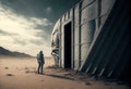 Astronaut on planet in deep space, lonely spaceman looks at alien building, generative AI