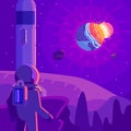 Astronaut On A Planet Watching Earth Destroyed By A Big Asteroid Flat Illustration
