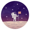 Astronaut planting flag on moon flat concept icon. Male cosmonaut wearing spacesuits, making peace sign with hand