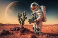 Planting a tree sapling on the mars surface. Digital illustration created using Generative AI