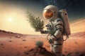 Planting a tree sapling on the mars surface. Digital illustration created using Generative AI