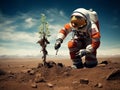 An astronaut is planting a small tree on an alien planet.